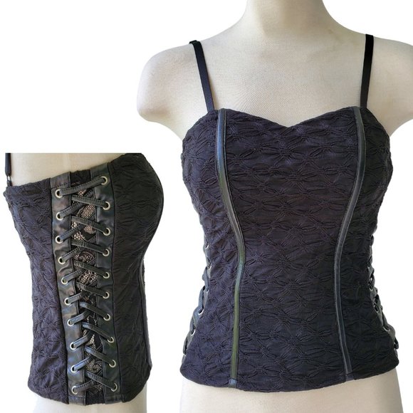 Entry Tops - Goth Corset Top Faux Leather Lace Up Accents Lace Textured Knit Black Size S